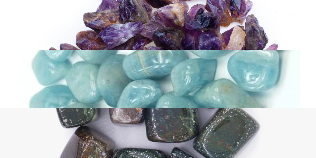 Healing Crystals Amethyst, Aquamarine, Bloodstone